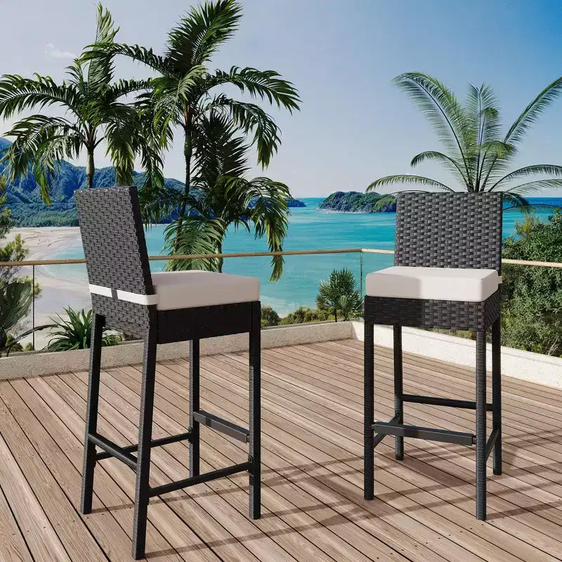 Ensemble de 2 tabourets de bar d'extérieur en osier, tabourets de bar d'extérieur en rotin sans accoudoirs avec coussins, pour jardin, bord de piscine