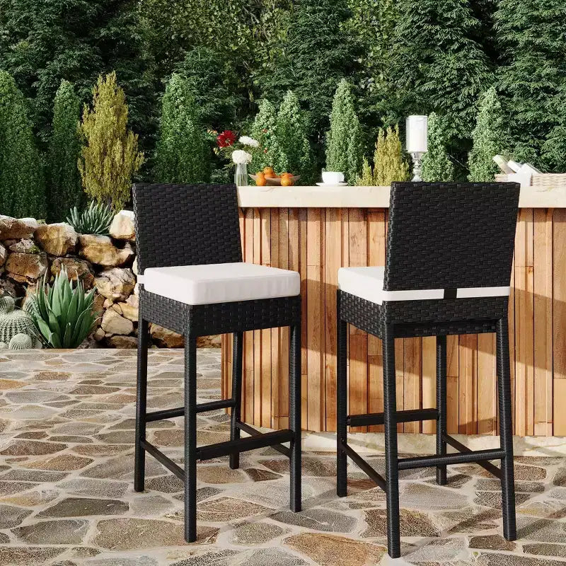 Ensemble de 2 tabourets de bar d'extérieur en osier, tabourets de bar d'extérieur en rotin sans accoudoirs avec coussins, pour jardin, bord de piscine