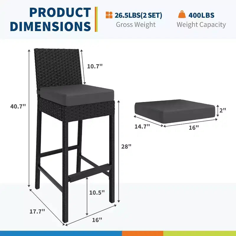 Ensemble de 2 tabourets de bar d'extérieur en osier, tabourets de bar d'extérieur en rotin sans accoudoirs avec coussins, pour jardin, bord de piscine