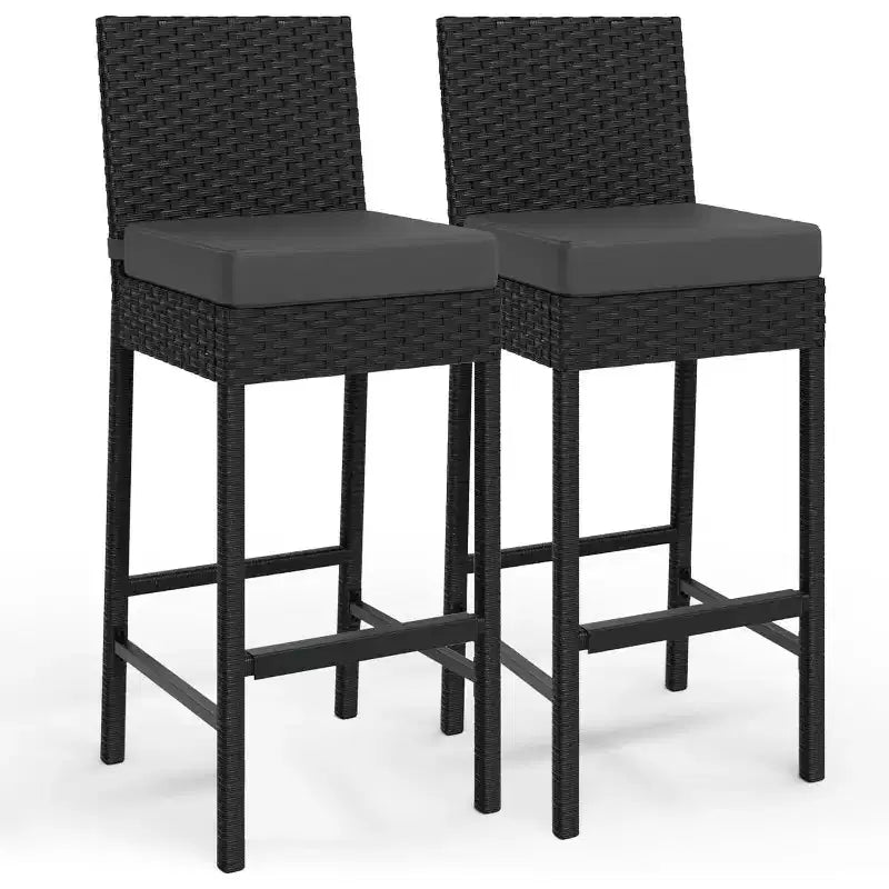 Ensemble de 2 tabourets de bar d'extérieur en osier, tabourets de bar d'extérieur en rotin sans accoudoirs avec coussins, pour jardin, bord de piscine