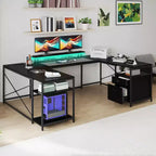 U Shaped Desk With Power Outlets & LED Lights Desk With Drawers Corner Computer Desk Office Desk With Monitor Stand & Storage Shelves Black
