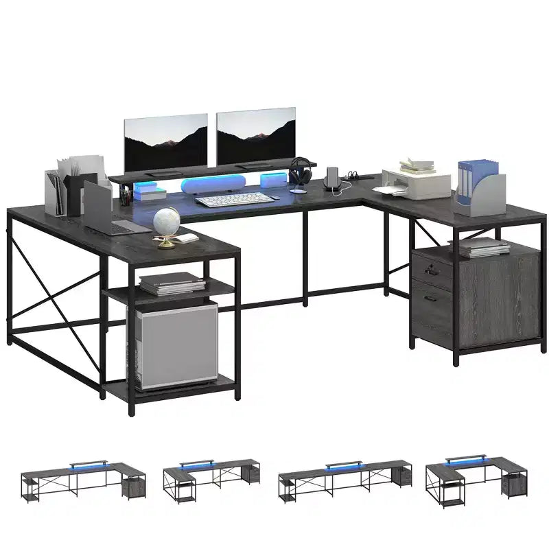 U Shaped Desk With Power Outlets & LED Lights Desk With Drawers Corner Computer Desk Office Desk With Monitor Stand & Storage Shelves Gray
