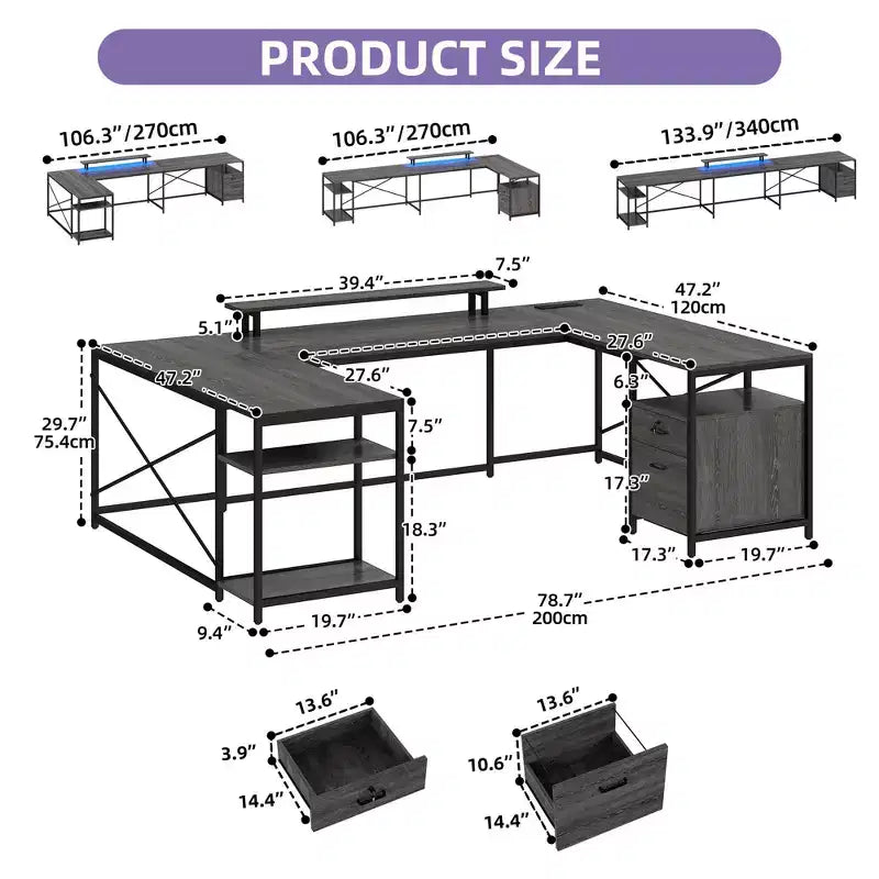 Bureau en U avec prises de courant et lumières LED, bureau avec tiroirs, bureau d'angle pour ordinateur avec support de moniteur et étagères de rangement, gris