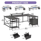 Bureau en U avec prises de courant et lumières LED, bureau avec tiroirs, bureau d'angle pour ordinateur avec support de moniteur et étagères de rangement, gris