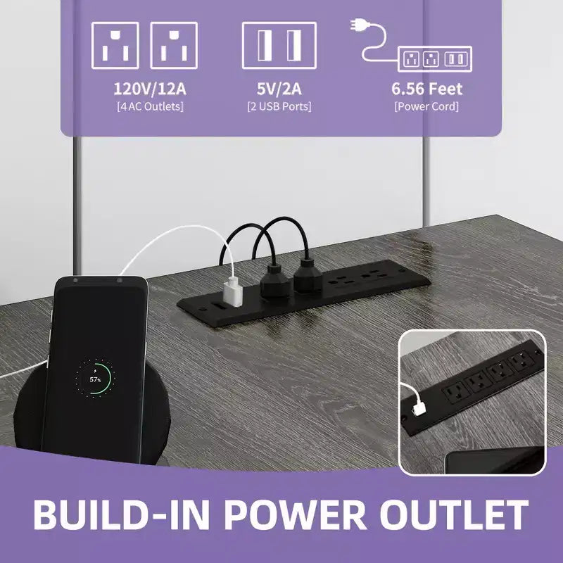 Bureau en U avec prises de courant et lumières LED, bureau avec tiroirs, bureau d'angle pour ordinateur avec support de moniteur et étagères de rangement, gris
