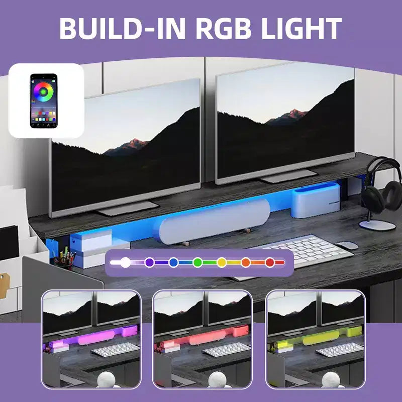 Bureau en U avec prises de courant et lumières LED, bureau avec tiroirs, bureau d'angle pour ordinateur avec support de moniteur et étagères de rangement, gris