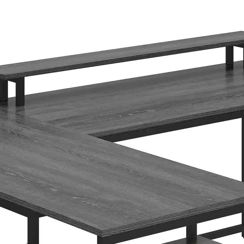 Bureau en U avec prises de courant et lumières LED, bureau avec tiroirs, bureau d'angle pour ordinateur avec support de moniteur et étagères de rangement, gris