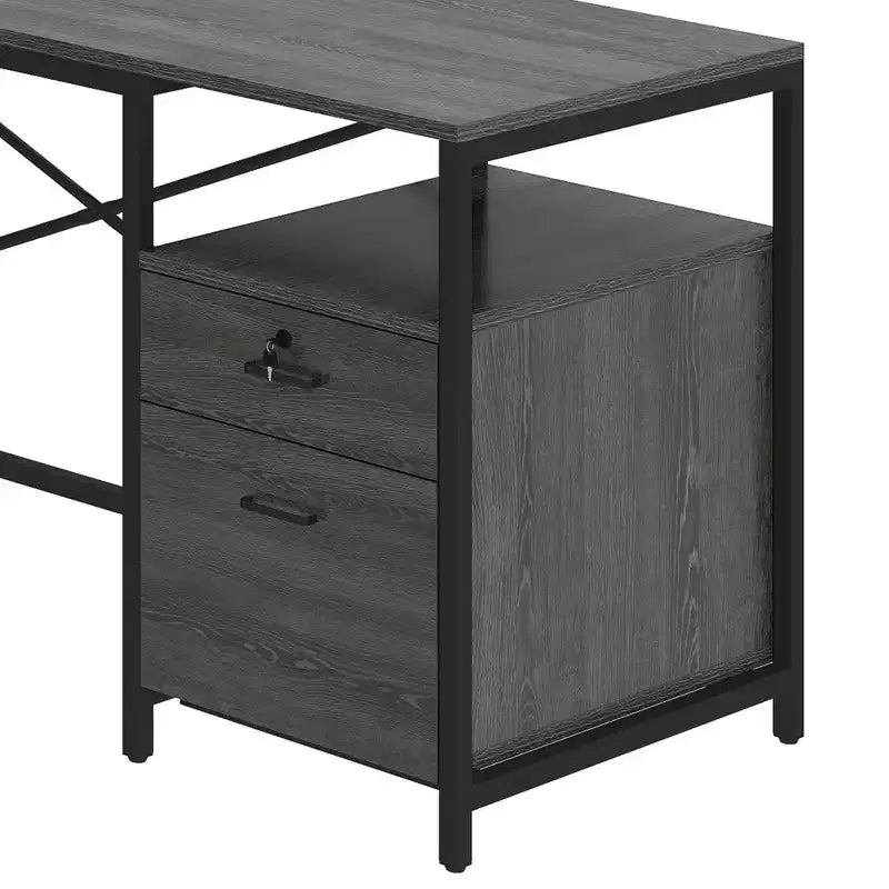 Bureau en U avec prises de courant et lumières LED, bureau avec tiroirs, bureau d'angle pour ordinateur avec support de moniteur et étagères de rangement, gris