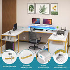 Bureau en U avec prises de courant et lumières LED, bureau avec tiroirs, bureau d'angle pour ordinateur avec support d'écran et étagères de rangement, blanc