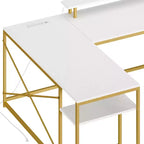 Bureau en U avec prises de courant et lumières LED, bureau avec tiroirs, bureau d'angle pour ordinateur avec support d'écran et étagères de rangement, blanc