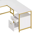 Bureau en U avec prises de courant et lumières LED, bureau avec tiroirs, bureau d'angle pour ordinateur avec support d'écran et étagères de rangement, blanc