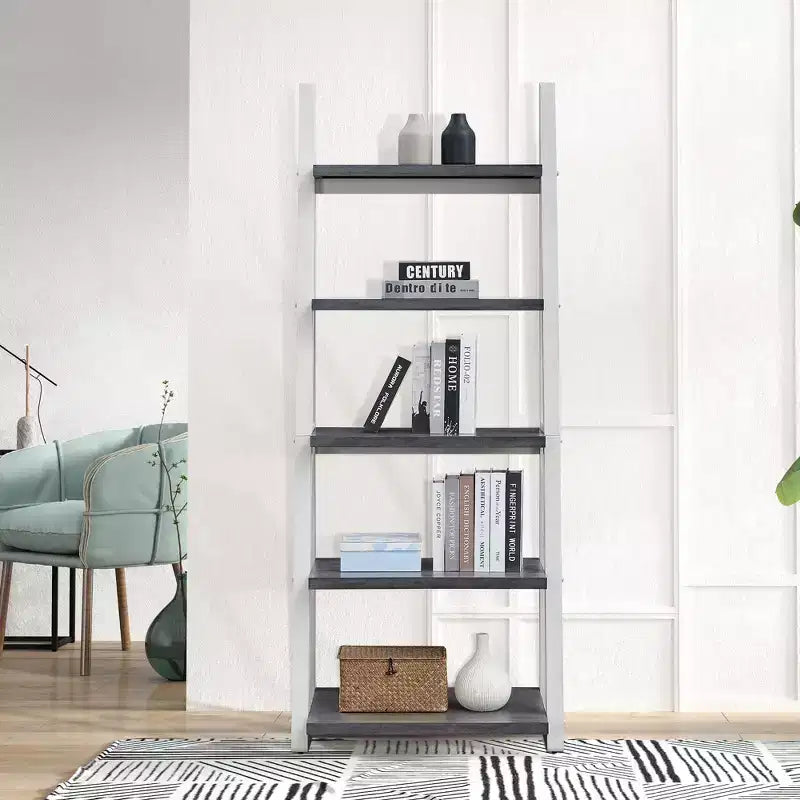 Étagère échelle 5 niveaux TUYOHW, meuble de rangement avec cadre en bois d'hévéa, bibliothèque pour chambre, salon, bureau, cuisine