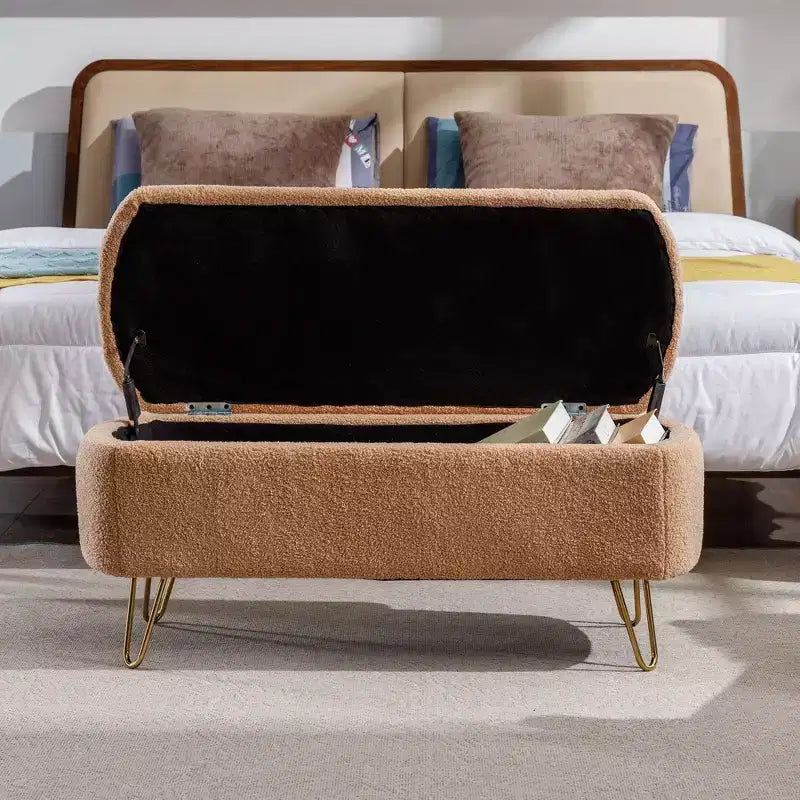 Banc de rangement ottoman en fausse fourrure TUYOHW, banc de lit avec rangement, pieds en métal doré, banc de bout de lit rembourré moderne pour salon, chambre à coucher, entrée
