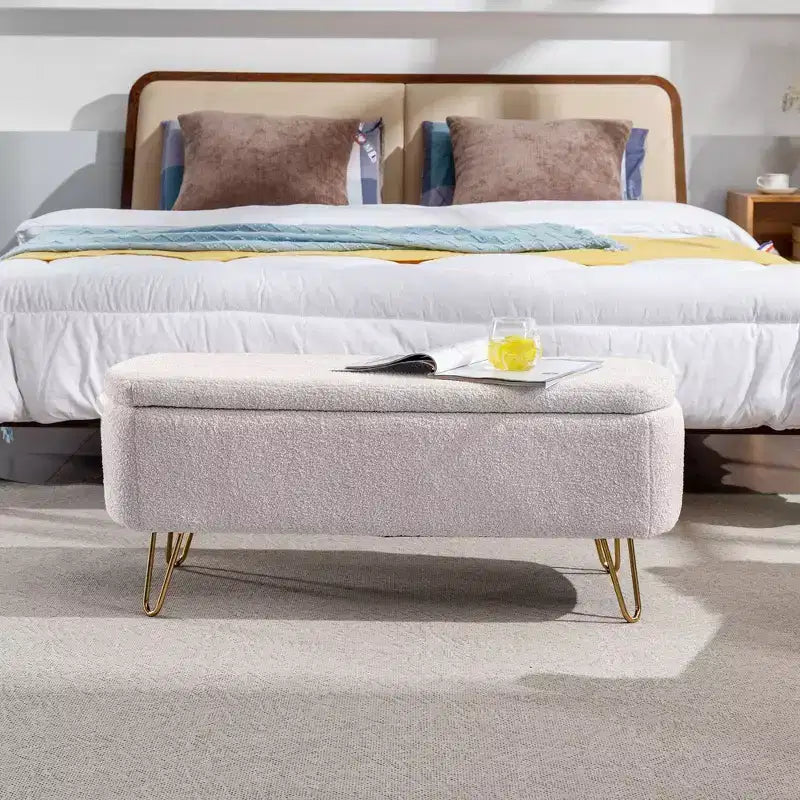 Banc de rangement ottoman en fausse fourrure TUYOHW, banc de lit avec rangement, pieds en métal doré, banc de bout de lit rembourré moderne pour salon, chambre à coucher, entrée