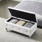 TUYOHW White Faux Leather Storage Ottoman Bench,Ottoman with Crystal Buttons,Metal Legs,Upholstered Rectangular Footrest Bench for Bedroom,Living Room