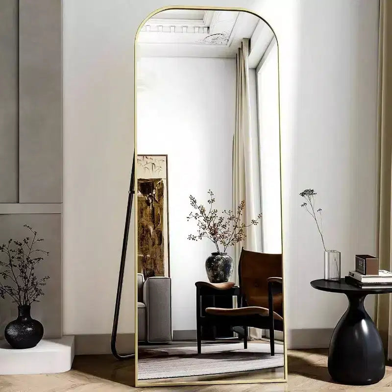 Miroir pleine longueur de 56x21 pouces pour chambre à coucher, salon, vestiaire, cadre en aluminium doré, dessus arqué, robuste, autoportant, mural