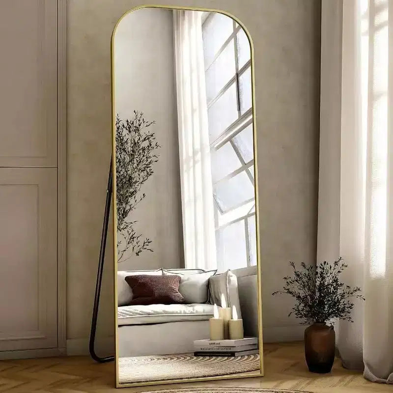 Miroir pleine longueur de 56x21 pouces pour chambre à coucher, salon, vestiaire, cadre en aluminium doré, dessus arqué, robuste, autoportant, mural