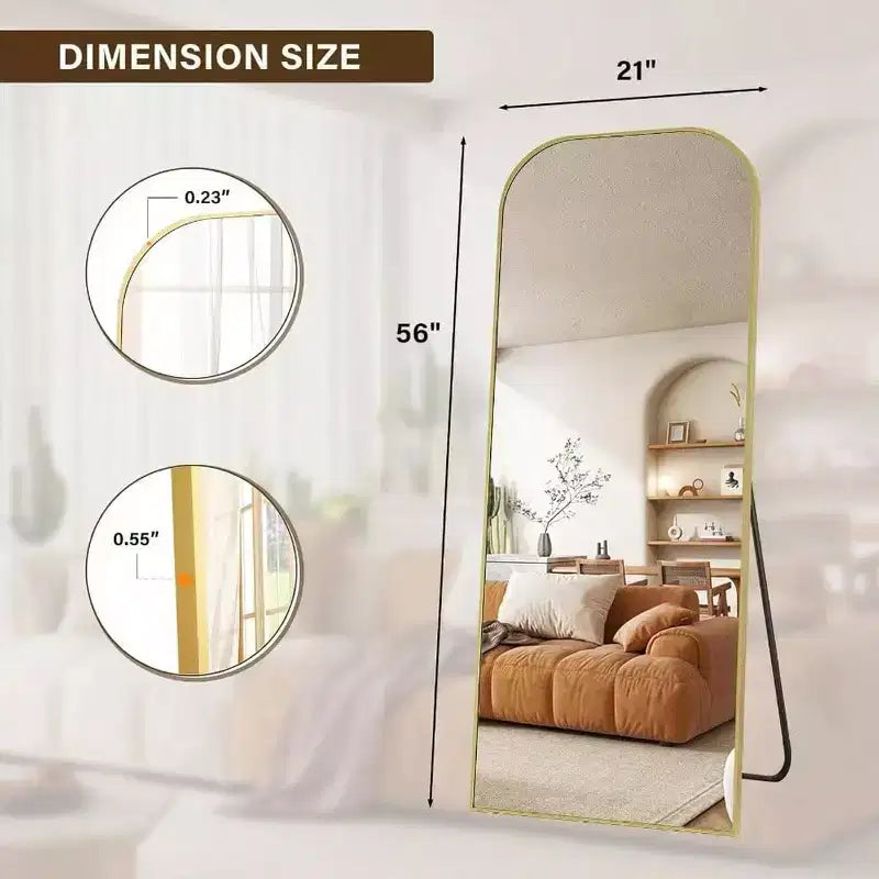 Miroir pleine longueur de 56x21 pouces pour chambre à coucher, salon, vestiaire, cadre en aluminium doré, dessus arqué, robuste, autoportant, mural