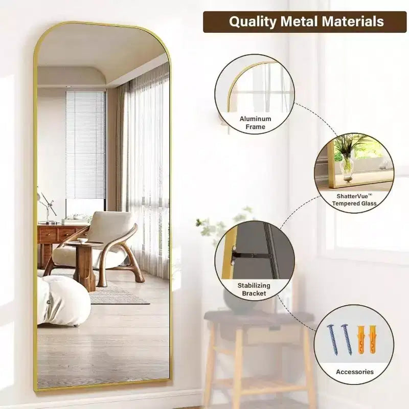 Miroir pleine longueur de 56x21 pouces pour chambre à coucher, salon, vestiaire, cadre en aluminium doré, dessus arqué, robuste, autoportant, mural