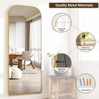 Miroir pleine longueur de 56x21 pouces pour chambre à coucher, salon, vestiaire, cadre en aluminium doré, dessus arqué, robuste, autoportant, mural