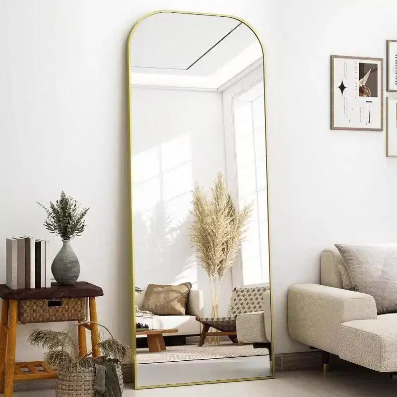 Miroir pleine longueur de 56x21 pouces pour chambre à coucher, salon, vestiaire, cadre en aluminium doré, dessus arqué, robuste, autoportant, mural