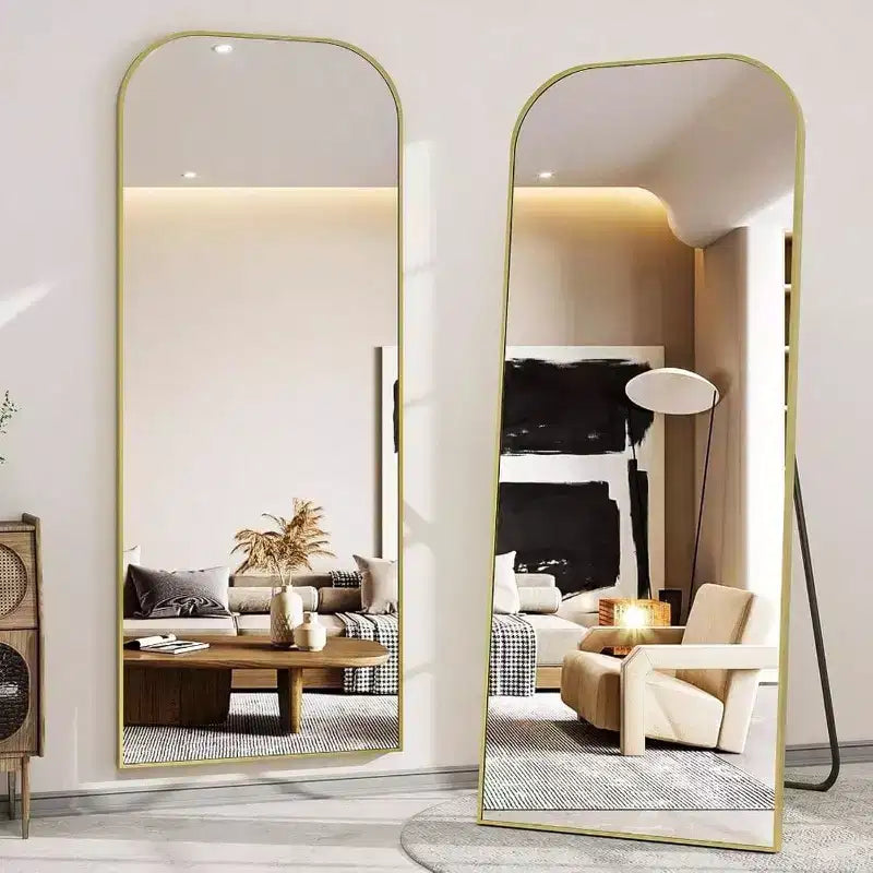 Miroir pleine longueur de 56x21 pouces pour chambre à coucher, salon, vestiaire, cadre en aluminium doré, dessus arqué, robuste, autoportant, mural