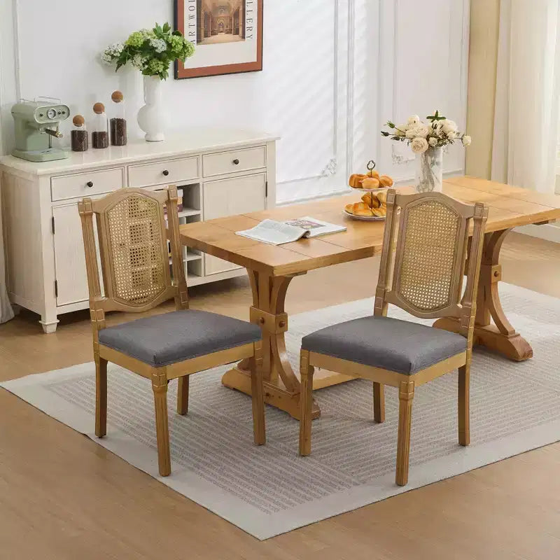 TUYOHW Lot de 2 chaises Louis, chaises d'appoint avec dossier en rotin style français, pieds en bois d'hévéa massif, revêtement en lin doux, capacité de 136 kg