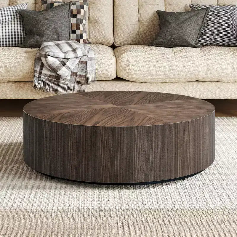 MAYEERTY Table Basse Ronde Moderne de 35 Pouces, Table Centrale en MDF avec Placage Bois pour Petit Salon, Aucun Assemblage Requis, Noyer
