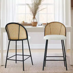 Set of 2 Modern Rattan Back Counter Stools, Armless Boucl Fabric Seats with Metal Base, Kitchen Island Stools, Breakfast Bar Chairs-Panipeachy