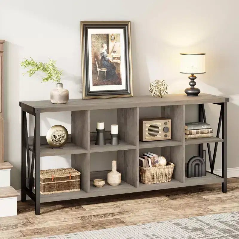 Meuble de rangement 8 cases et bibliothèque 62 cases style ferme – Étagère à livres moderne en bois avec cases, longue unité de rangement pour salon, entrée, bureau