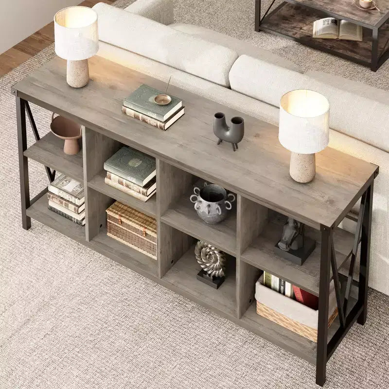Meuble de rangement 8 cases et bibliothèque 62 cases style ferme – Étagère à livres moderne en bois avec cases, longue unité de rangement pour salon, entrée, bureau