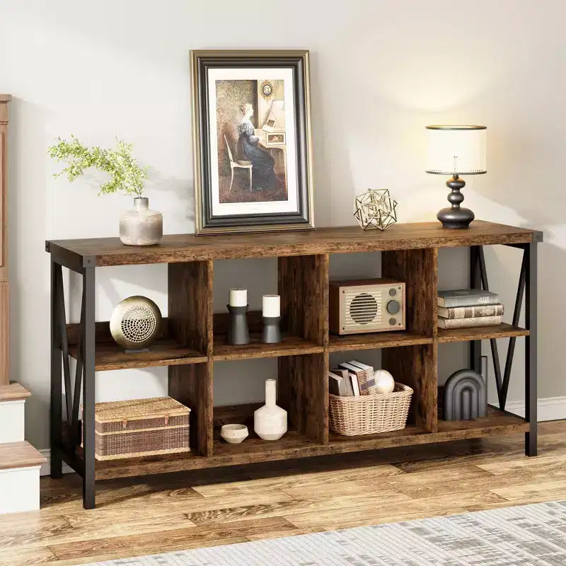 Meuble de rangement 8 cases et bibliothèque 62 cases style ferme – Étagère à livres moderne en bois avec cases, longue unité de rangement pour salon, entrée, bureau