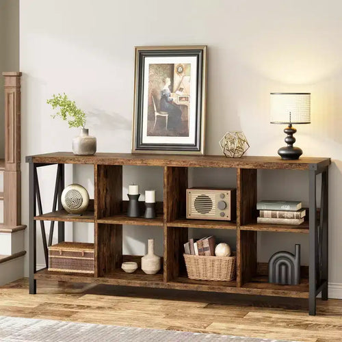 8-Cube Storage Organizer & 62 Farmhouse Bookshelf - Modern Wood Bookcase with Cubes, Long Storage Unit for Living Room, Entryway,Office