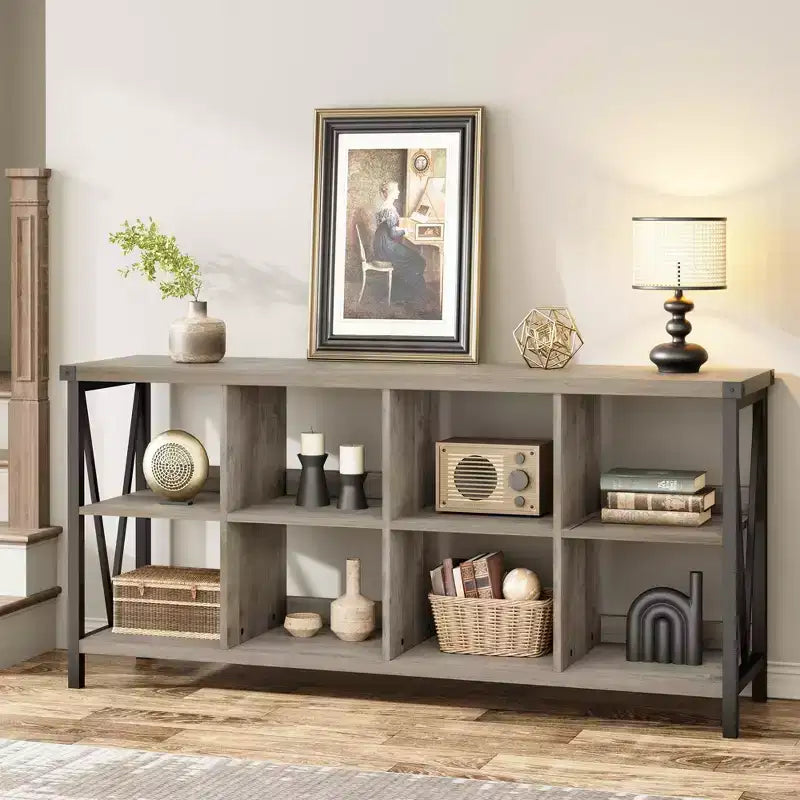 Meuble de rangement 8 cases et bibliothèque 62 cases style ferme – Étagère à livres moderne en bois avec cases, longue unité de rangement pour salon, entrée, bureau