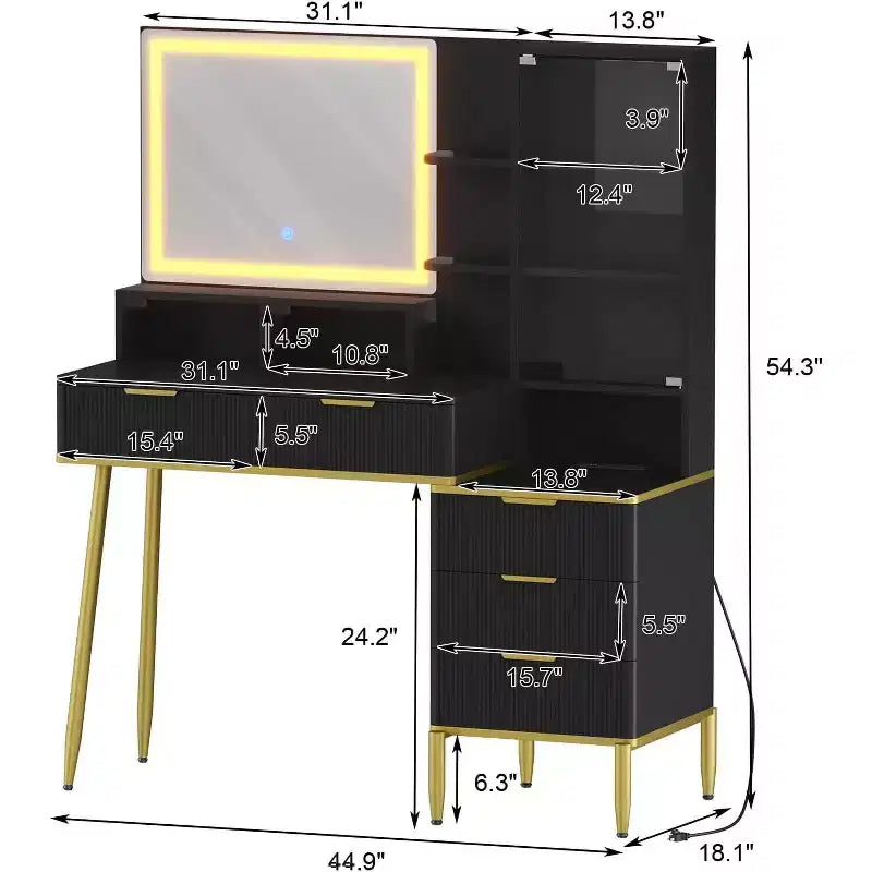 Coiffeuse moderne avec miroir éclairé, 5 tiroirs, prise de courant et ports USB, table de maquillage cannelée avec étagère de rangement pour femmes et filles
