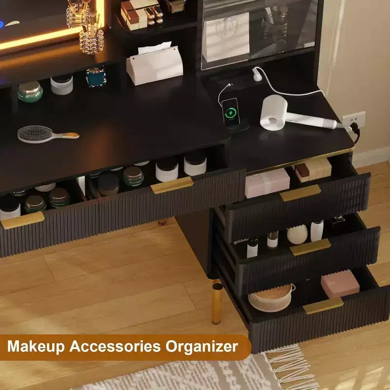 Coiffeuse moderne avec miroir éclairé, 5 tiroirs, prise de courant et ports USB, table de maquillage cannelée avec étagère de rangement pour femmes et filles