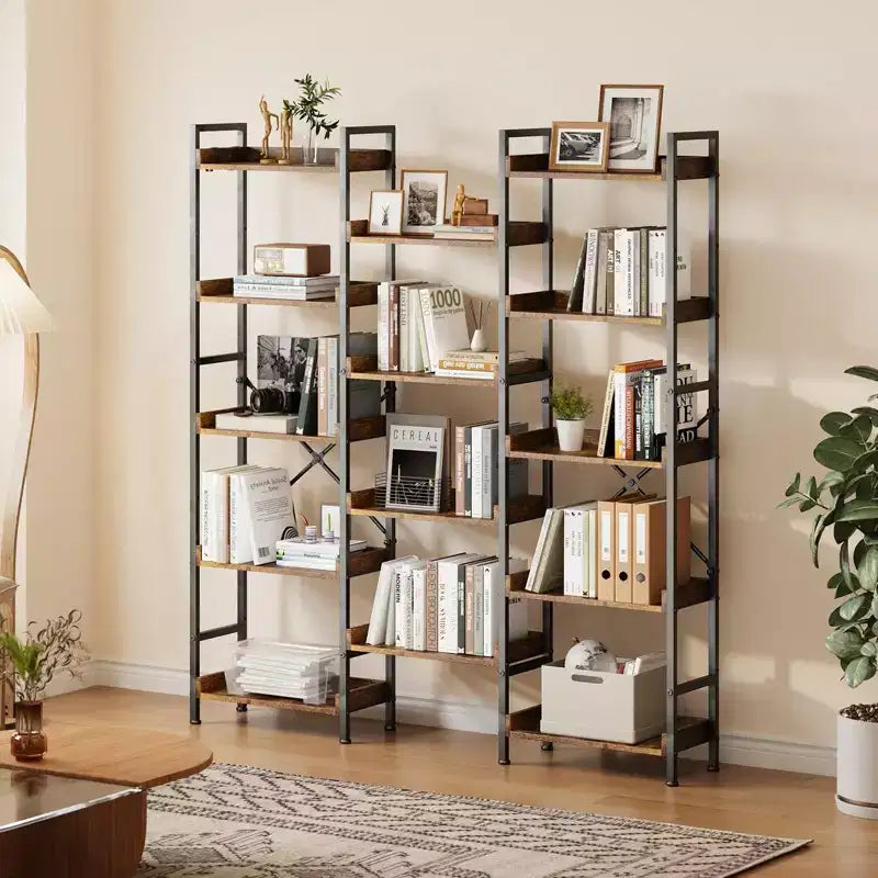 GustoWave Étagère triple à 5 niveaux, Bibliothèque industrielle à 14 compartiments avec conception divisible, 25 kg par étagère, pour bureau à domicile, Marron