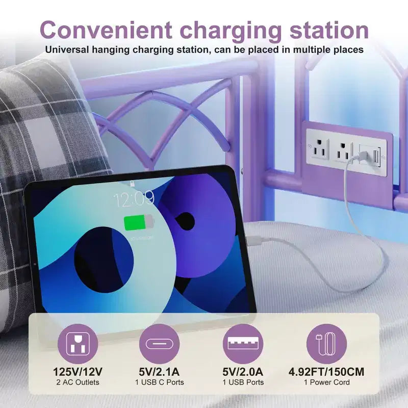 Lit de repos avec lit gigogne, station de charge et lumières LED, cadre de canapé-lit avec lit escamotable pour salon, chambre d'amis, appartement, petits espaces