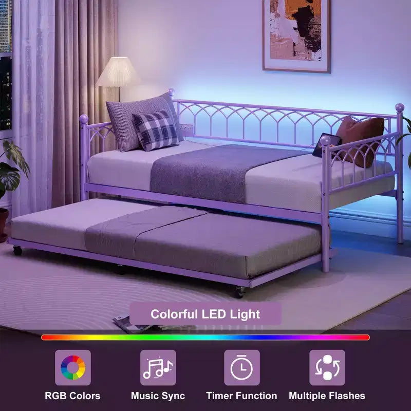 Lit de repos avec lit gigogne, station de charge et lumières LED, cadre de canapé-lit avec lit escamotable pour salon, chambre d'amis, appartement, petits espaces