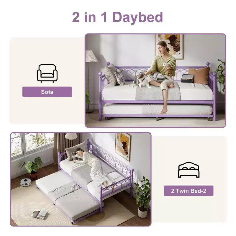 Lit de repos avec lit gigogne, station de charge et lumières LED, cadre de canapé-lit avec lit escamotable pour salon, chambre d'amis, appartement, petits espaces