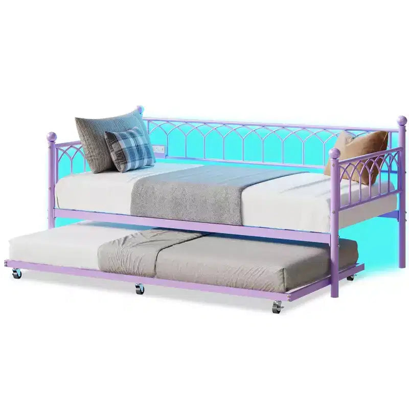 Lit de repos avec lit gigogne, station de charge et lumières LED, cadre de canapé-lit avec lit escamotable pour salon, chambre d'amis, appartement, petits espaces