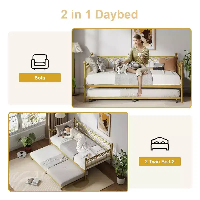Lit de repos avec lit gigogne, station de charge et lumières LED, cadre de canapé-lit avec lit escamotable pour salon, chambre d'amis, appartement, petits espaces