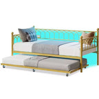 Lit de repos avec lit gigogne, station de charge et lumières LED, cadre de canapé-lit avec lit escamotable pour salon, chambre d'amis, appartement, petits espaces