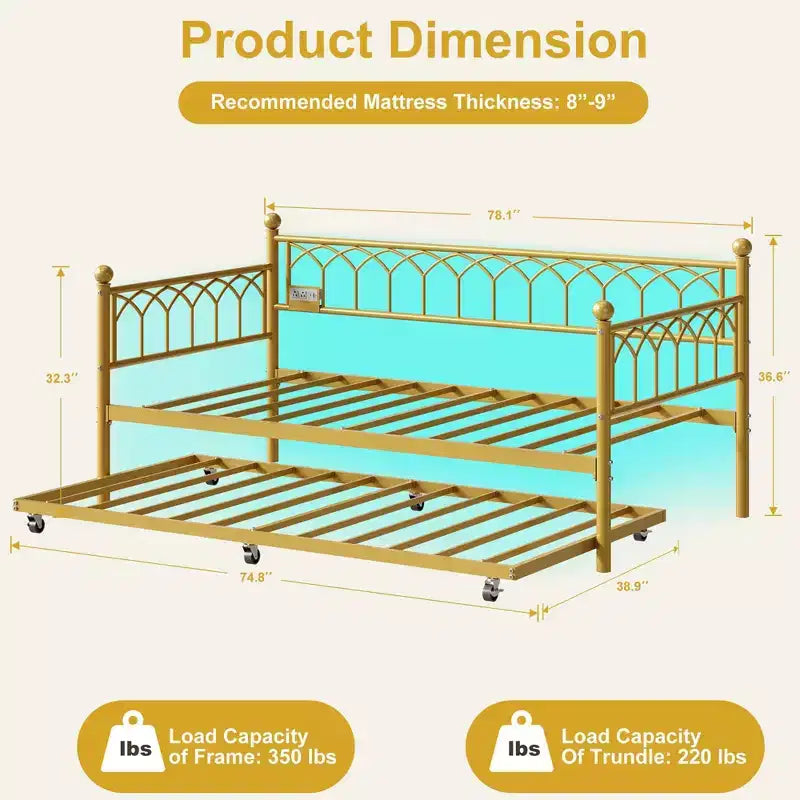 Lit de repos avec lit gigogne, station de charge et lumières LED, cadre de canapé-lit avec lit escamotable pour salon, chambre d'amis, appartement, petits espaces