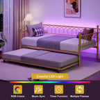 Lit de repos avec lit gigogne, station de charge et lumières LED, cadre de canapé-lit avec lit escamotable pour salon, chambre d'amis, appartement, petits espaces