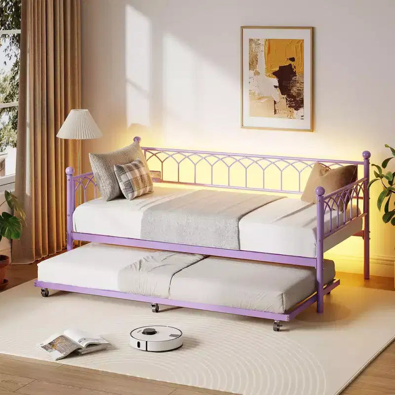 Lit de repos avec lit gigogne, station de charge et lumières LED, cadre de canapé-lit avec lit escamotable pour salon, chambre d'amis, appartement, petits espaces