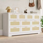 Commode en rotin pour chambre à coucher avec 10 tiroirs, grande commode en bois avec poignées en métal doré, commode large de style bohème pour chambre à coucher ou salon.