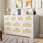 Commode en rotin pour chambre à coucher avec 10 tiroirs, grande commode en bois avec poignées en métal doré, commode large de style bohème pour chambre à coucher ou salon.