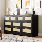 Commode en rotin pour chambre à coucher avec 10 tiroirs, grande commode en bois avec poignées en métal doré, commode large de style bohème pour chambre à coucher ou salon.