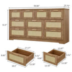 Commode en rotin pour chambre à coucher avec 10 tiroirs, grande commode en bois avec poignées en métal doré, commode large de style bohème pour chambre à coucher ou salon.